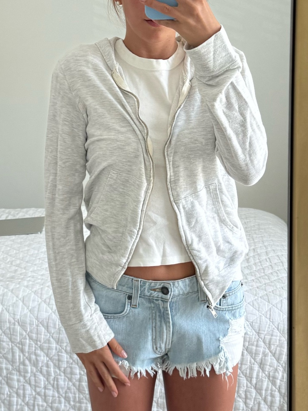 Monrow Light Gray Zip-Up Hoodie